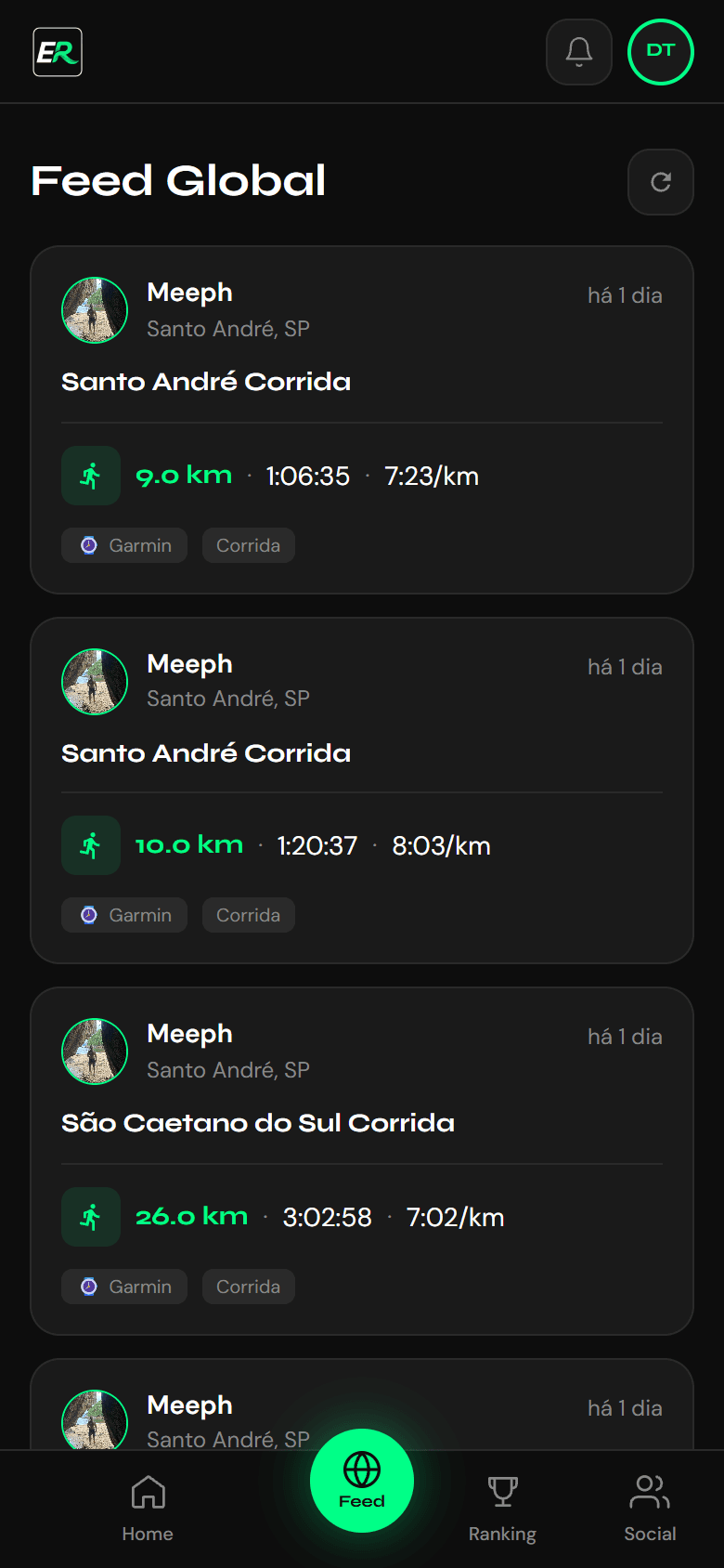 Ease Run App — Feed de atividades