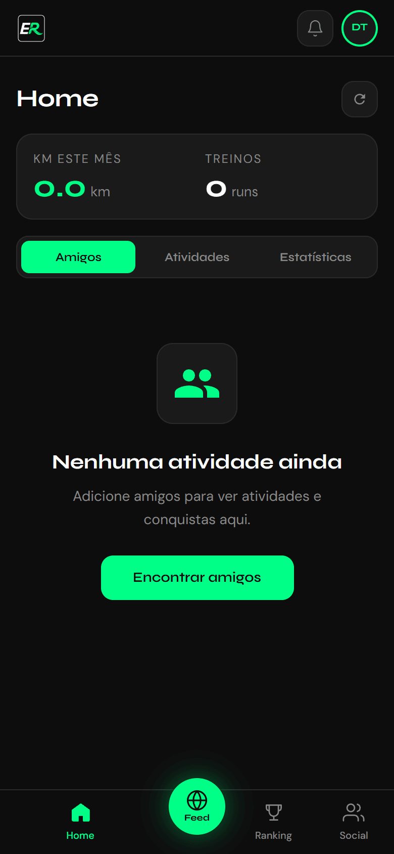 Tela inicial com estatísticas